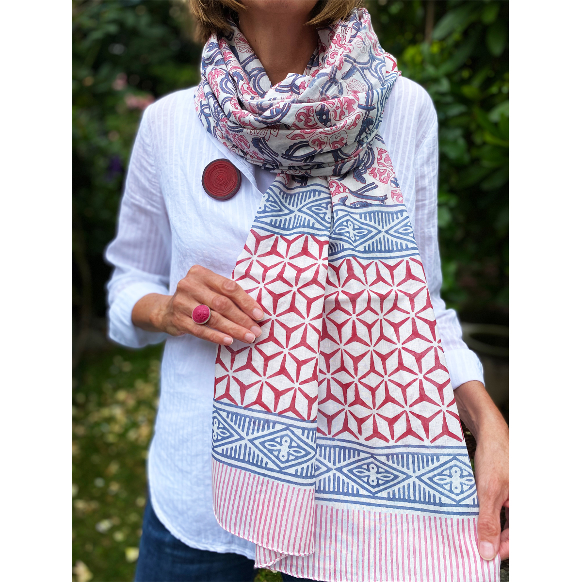 SL-412-blr Halstuch Pareo Blockdruck aipur Flowers Blau-Rot