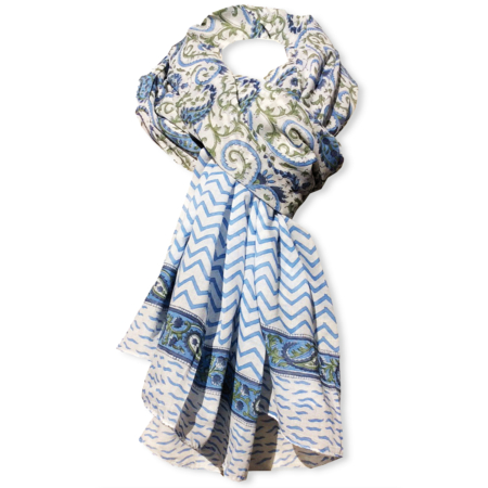 SL-412-grbl Halstuch Pareo Blockdruck Jaipur Paisley Grün-Blau